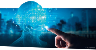 Human finger pointing at AI brain, symbolizing humanity confronting technology and future joblessness.