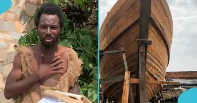 Composite image of Ebo Noah and his flood prophecy ark.